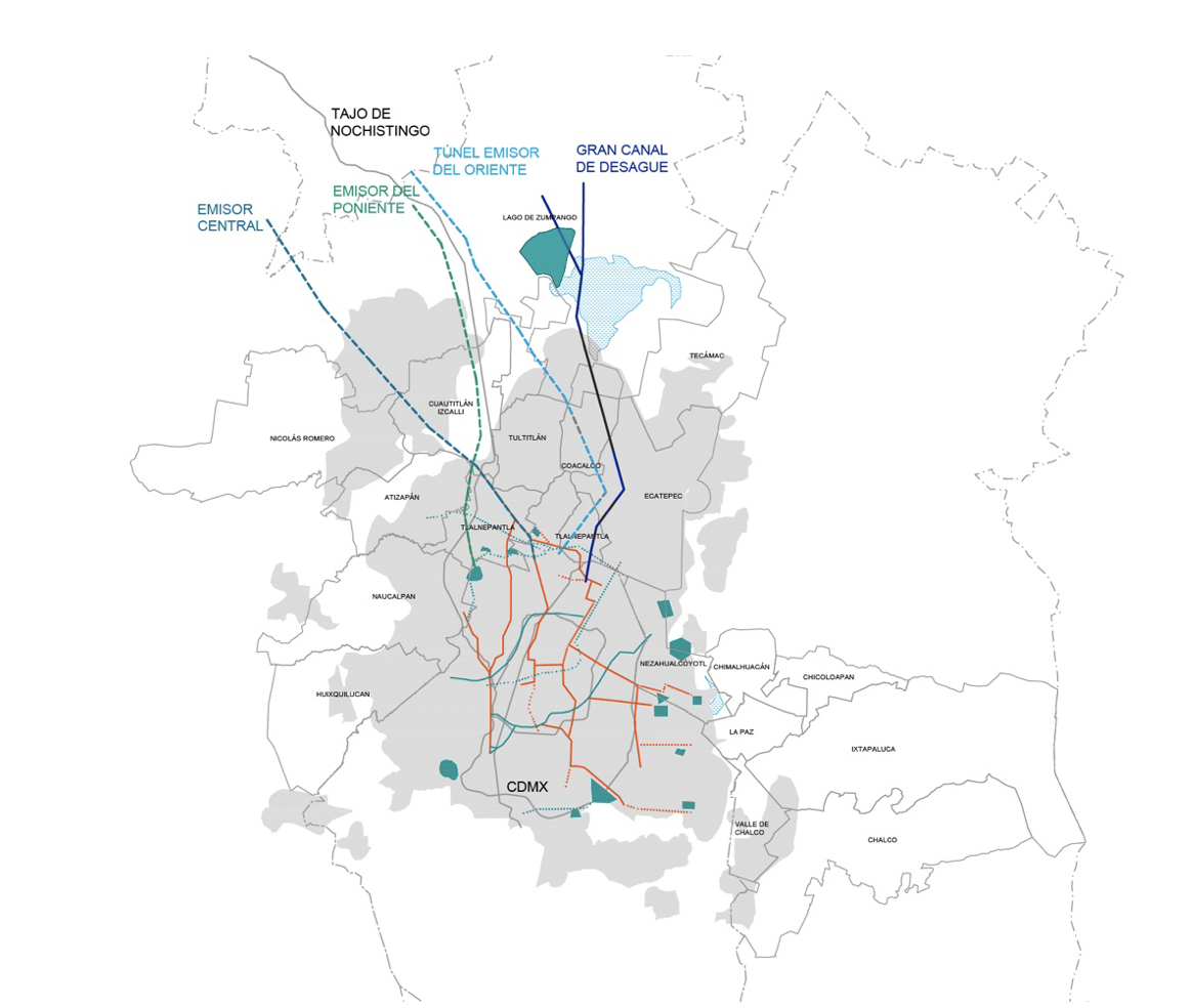 Ilustración 4: Sistema de drenaje metropolitano y mancha urbana, área metropolitana. Elaboración propia